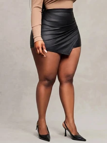 Radiana Plus Size Solid Color Fitted Asymmetrical Hem Fashion Versatile Shorts - Black - View 6