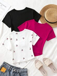 SHEIN 青少年女孩 3件組圓領套頭短袖修身不對稱下擺T恤上衣，黑色、白色、豹紋印花，休閒款 - 玫紅色 - 查看 3