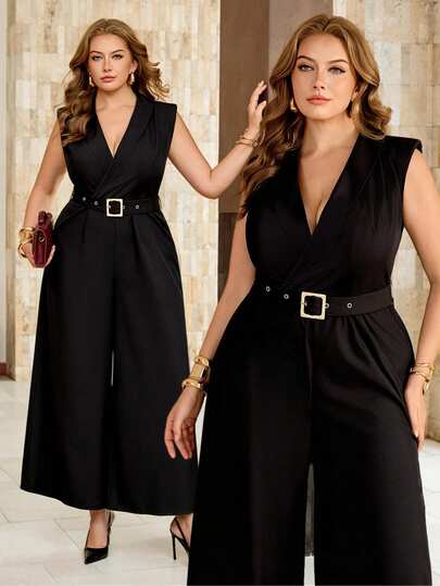 Roveilla Plus Size Solid Color Casual Business Casual Traditional Formal Elegant Pleated Commuter Jumpsuit Evening Dates Office Black Summer