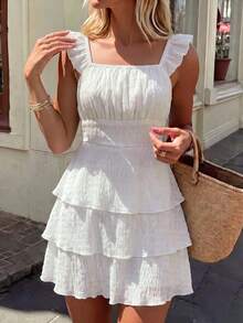 Cévolie Women's Textured Elegant Shirred Multi-Layer Ruffle Hem Dress - White - View 5