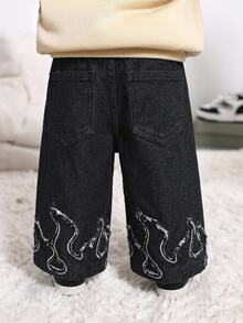 Bubblio 男嬰火焰刺繡毛邊黑色牛仔寬鬆長褲 - 黑色 - 查看 2