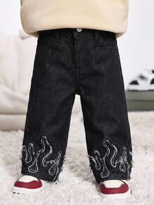 Bubblio 男嬰火焰刺繡毛邊黑色牛仔寬鬆長褲 - 黑色 - 查看 4