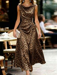 SHEIN Gaun Wanita Motif Leopard Tanpa Lengan Berlipit dengan Desain Kerah Model Cowl, Panjang Sedang yang Menawan, Cocok untuk Pesta dan Kencan - Coklat - View 1