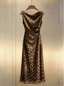 SHEIN Gaun Wanita Motif Leopard Tanpa Lengan Berlipit dengan Desain Kerah Model Cowl, Panjang Sedang yang Menawan, Cocok untuk Pesta dan Kencan - Coklat - View 3