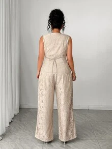Elenzga Plus Size Elegant Commuter Solid Color Lace Vest & Pants 2 Pieces Set, Summer - Khaki - View 2