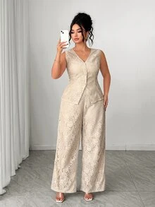 Elenzga Plus Size Elegant Commuter Solid Color Lace Vest & Pants 2 Pieces Set, Summer - Khaki - View 5