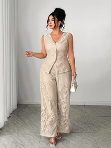 Elenzga Plus Size Elegant Commuter Solid Color Lace Vest & Pants 2 Pieces Set, Summer - Khaki - View 4