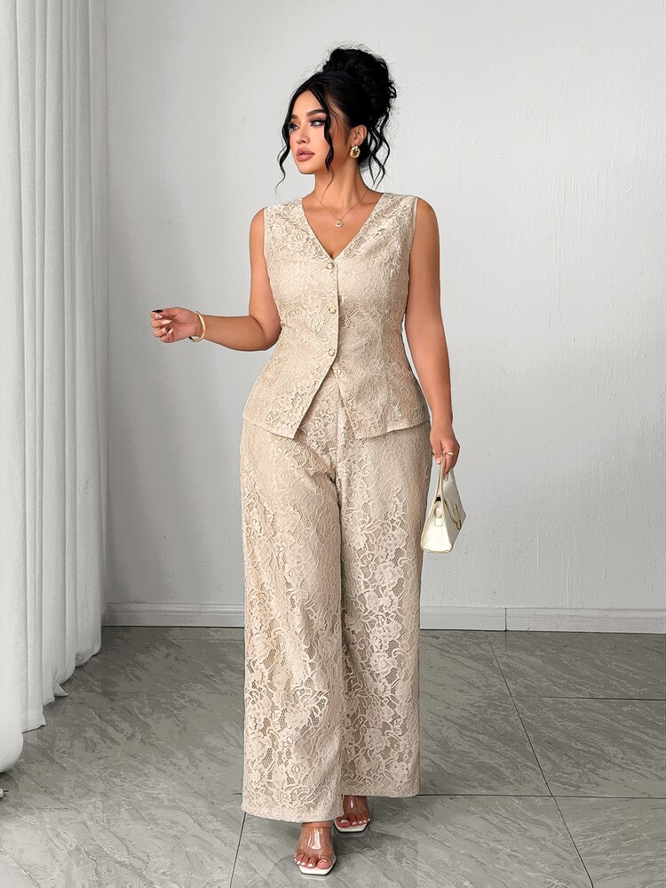 Elenzga Plus Size Elegant Commuter Solid Color Lace Vest & Pants 2 Pieces Set, Summer - Khaki - View 4