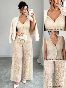 Elenzga Plus Size Elegant Commuter Solid Color Lace Vest & Pants 2 Pieces Set, Summer - Khaki - View 1