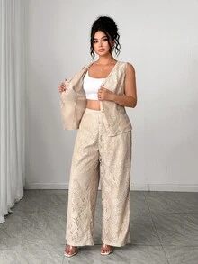 Elenzga Plus Size Elegant Commuter Solid Color Lace Vest & Pants 2 Pieces Set, Summer - Khaki - View 7