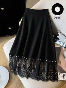 GlowEve CURVE Plus Size Black And White Pearl Embellished Lace A-Line Skirt Wedding Dinner Formal Autumn Elegant - Black - View 4
