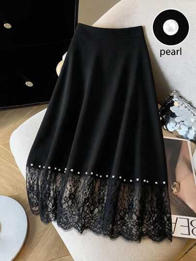 GlowEve CURVE Plus Size Black And White Pearl Embellished Lace A-Line Skirt Wedding Dinner Formal Autumn Elegant