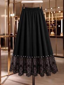 GlowEve CURVE Plus Size Black And White Pearl Embellished Lace A-Line Skirt Wedding Dinner Formal Autumn Elegant - Black - View 3
