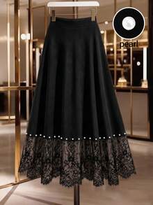 GlowEve CURVE Plus Size Black And White Pearl Embellished Lace A-Line Skirt Wedding Dinner Formal Autumn Elegant - Black - View 2