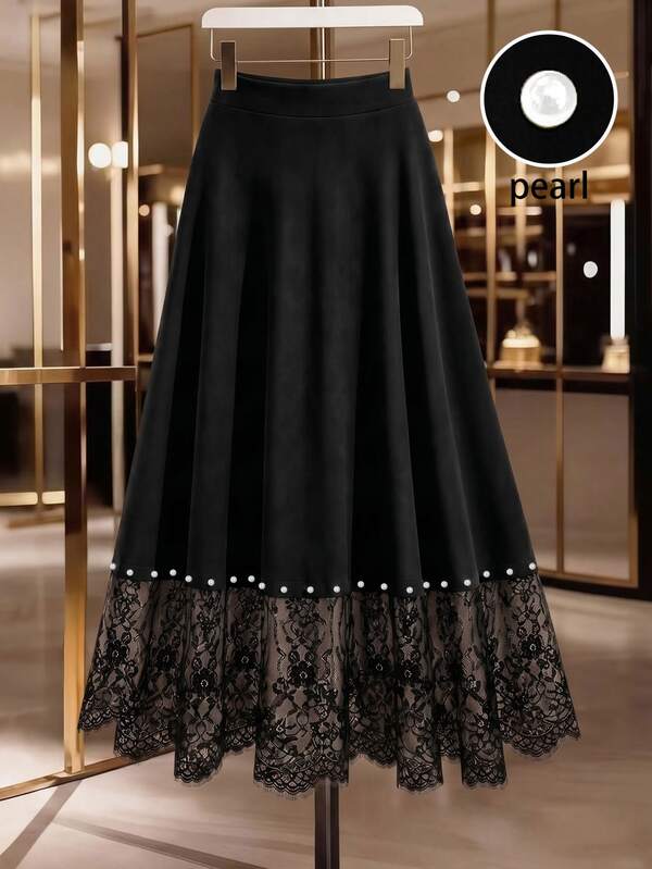 GlowEve CURVE Plus Size Black And White Pearl Embellished Lace A-Line Skirt Wedding Dinner Formal Autumn Elegant
