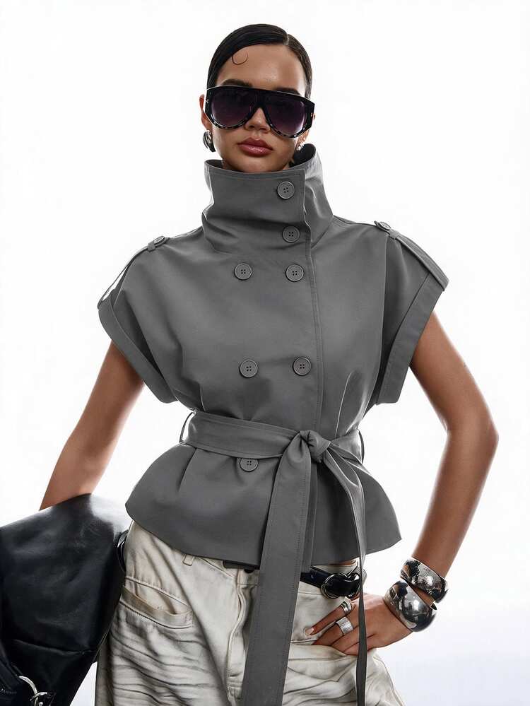 LYSMO Women's Fashionable Street Style Button High Neck Trench Coat Jacket - Dark Grey - View 3