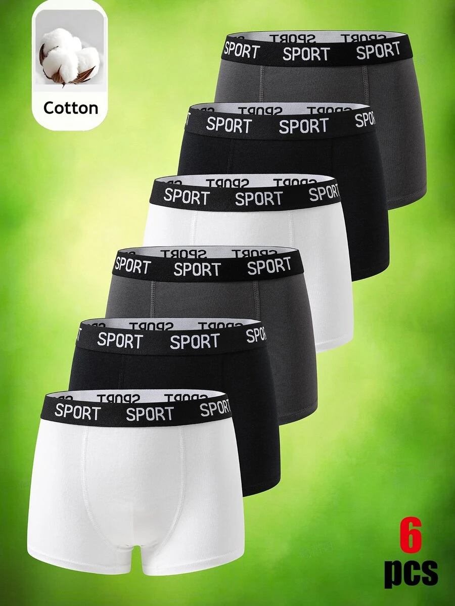 SHEIN 6pcs Kids Tween Boy Sports Casual Letter Pattern Elastic Skin-Friendly Boxer Briefs