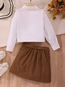SHEIN 青少年女孩 2 件套荷葉邊上衣配蝴蝶結與腰帶鈕扣前開 A 字裙 秋季休閒套裝 - 棕色 - 查看 2