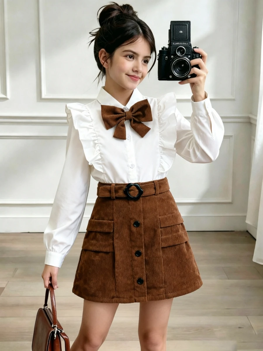 SHEIN 青少年女孩 2 件套荷葉邊上衣配蝴蝶結與腰帶鈕扣前開 A 字裙 秋季休閒套裝 - 棕色 - 查看 1