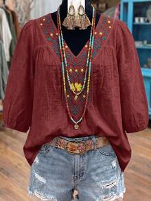Linhara Women's Embroidered Casual Vacation Versatile Loose Fit Five-Point Sleeve Shirt Fall - Burgundy - View 3