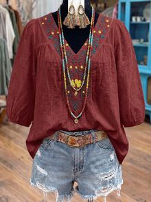 Linhara Women's Embroidered Casual Vacation Versatile Loose Fit Five-Point Sleeve Shirt Fall - Burgundy - View 1