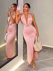 BamGleam Women's Elegant Dusty Pink Satin Halter Backless High Slit Ruched Maxi Dress,Summer Holiday Vacation Style For Party,Dinner,Dates&Special Occasions - Pink - View 5