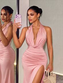 BamGleam Women's Elegant Dusty Pink Satin Halter Backless High Slit Ruched Maxi Dress,Summer Holiday Vacation Style For Party,Dinner,Dates&Special Occasions - Pink - View 3