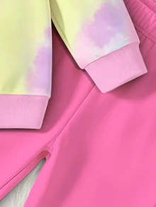 1 Set Young Girls Cute 2-Piece Outfit, Macaron Tie-Dye Ice Cream Print Sweatshirt, Bright Pink Solid Color Leggings, Autumn Daily Children's Set - Multicolor - View 6