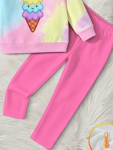1 Set Young Girls Cute 2-Piece Outfit, Macaron Tie-Dye Ice Cream Print Sweatshirt, Bright Pink Solid Color Leggings, Autumn Daily Children's Set - Multicolor - View 7