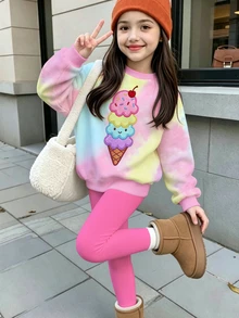 1 Set Young Girls Cute 2-Piece Outfit, Macaron Tie-Dye Ice Cream Print Sweatshirt, Bright Pink Solid Color Leggings, Autumn Daily Children's Set - Multicolor - View 1