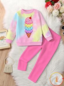 1 Set Young Girls Cute 2-Piece Outfit, Macaron Tie-Dye Ice Cream Print Sweatshirt, Bright Pink Solid Color Leggings, Autumn Daily Children's Set - Multicolor - View 2
