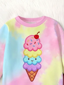 1 Set Young Girls Cute 2-Piece Outfit, Macaron Tie-Dye Ice Cream Print Sweatshirt, Bright Pink Solid Color Leggings, Autumn Daily Children's Set - Multicolor - View 5