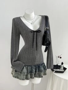 Elamini Women's Bow Decor V-Neck Long Sleeve Sweater - Dark Grey - View 4