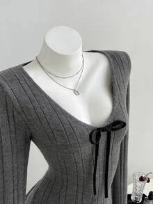 Elamini Women's Bow Decor V-Neck Long Sleeve Sweater - Dark Grey - View 1