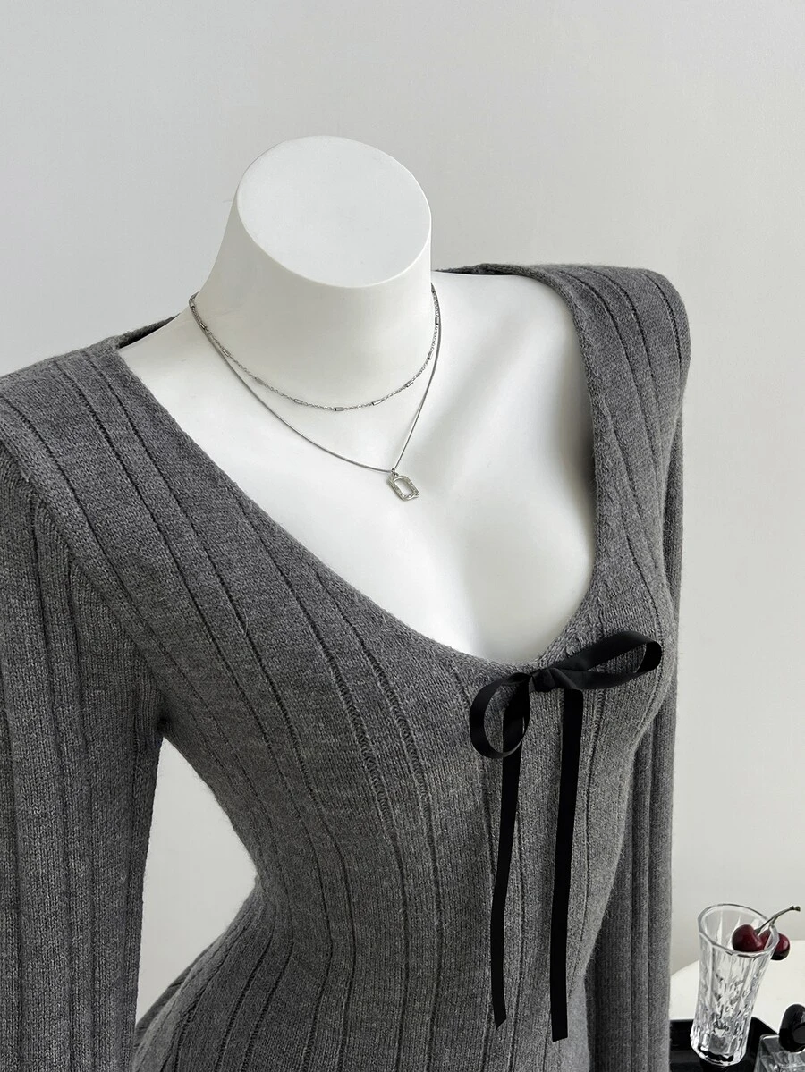 Elamini Women's Bow Decor V-Neck Long Sleeve Sweater - Dark Grey - View 1