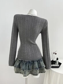 Elamini Women's Bow Decor V-Neck Long Sleeve Sweater - Dark Grey - View 2