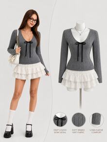 Elamini Women's Bow Decor V-Neck Long Sleeve Sweater - Dark Grey - View 3