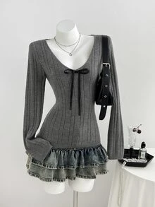 Elamini Women's Bow Decor V-Neck Long Sleeve Sweater - Dark Grey - View 6