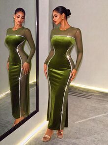 BamGleam Women Solid Color Round Neck Long Sleeve Mesh Patchwork Fishtail Hem Fitted Dress Fall Cloth For Women - Olive Green - View 1