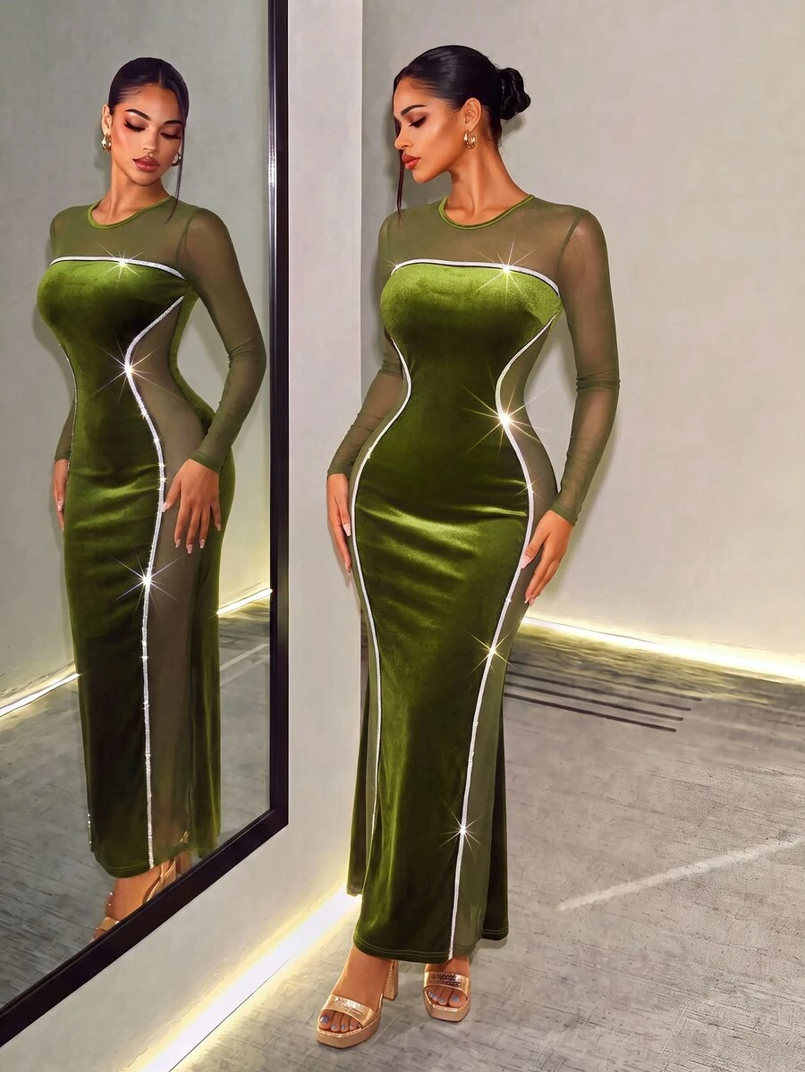 BamGleam Women Solid Color Round Neck Long Sleeve Mesh Patchwork Fishtail Hem Fitted Dress Fall Cloth For Women - Olive Green - View 1