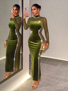 BamGleam Women Solid Color Round Neck Long Sleeve Mesh Patchwork Fishtail Hem Fitted Dress Fall Cloth For Women - Olive Green - View 6