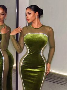 BamGleam Women Solid Color Round Neck Long Sleeve Mesh Patchwork Fishtail Hem Fitted Dress Fall Cloth For Women - Olive Green - View 4