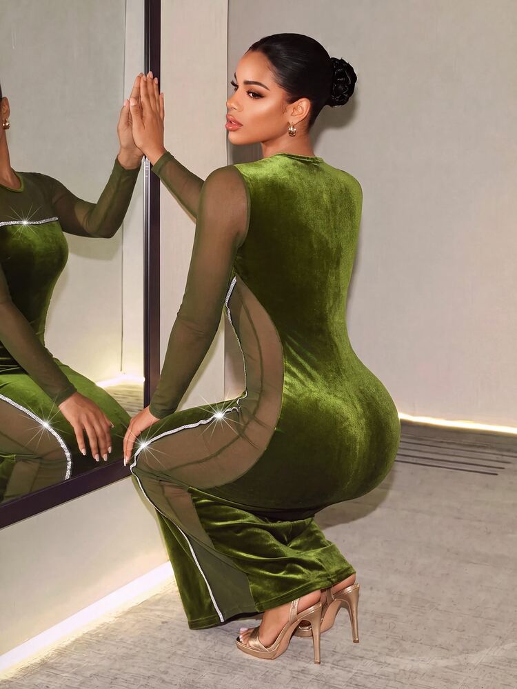 BamGleam Women Solid Color Round Neck Long Sleeve Mesh Patchwork Fishtail Hem Fitted Dress Fall Cloth For Women - Olive Green - View 2