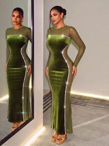 BamGleam Women Solid Color Round Neck Long Sleeve Mesh Patchwork Fishtail Hem Fitted Dress Fall Cloth For Women - Olive Green - View 5