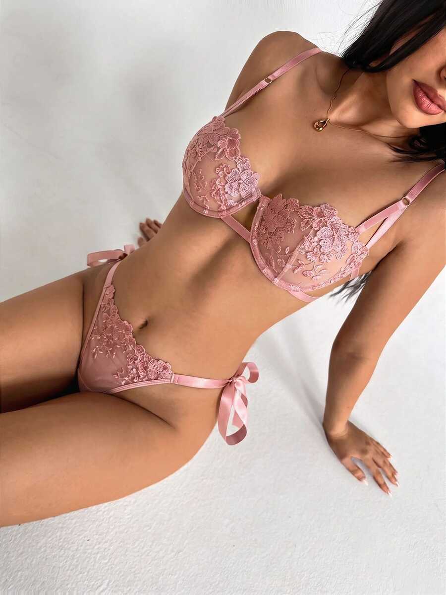 Aloruh Women's Sky Blue Embroidered Strappy Lingerie Set 2pcs - Watermelon Pink - View 1