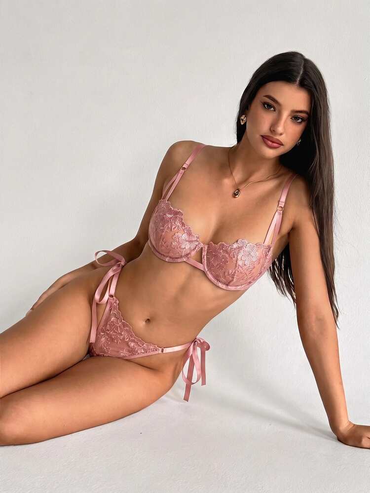 Aloruh Women's Sky Blue Embroidered Strappy Lingerie Set 2pcs - Watermelon Pink - View 8