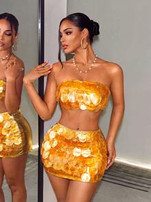 BamGleam 1pc Women's Glittery Glamorous Fashion-Forward Sequin Layered Bandeau Top With Bowknot Back - Gold - View 5