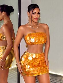 BamGleam 1pc Women's Glittery Glamorous Fashion-Forward Sequin Layered Bandeau Top With Bowknot Back - Gold - View 6
