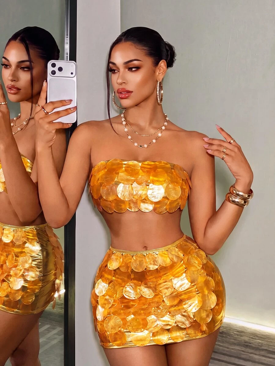 BamGleam 1pc Women's Glittery Glamorous Fashion-Forward Sequin Layered Bandeau Top With Bowknot Back - Gold - View 1