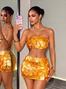 BamGleam 1pc Women's Glittery Glamorous Fashion-Forward Sequin Layered Bandeau Top With Bowknot Back - Gold - View 3